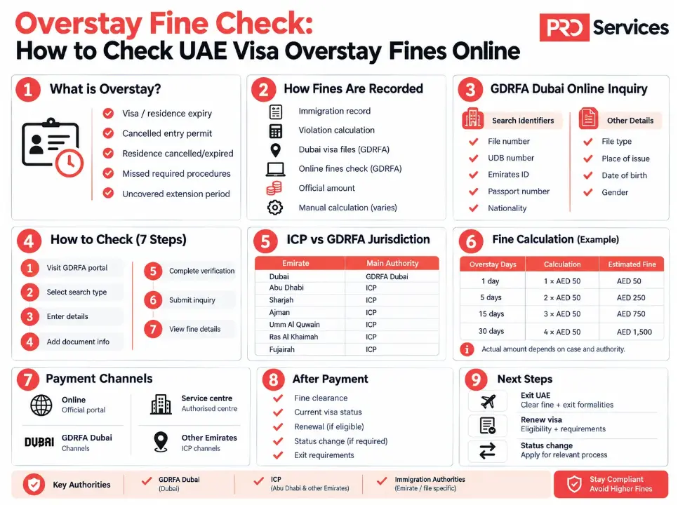 Infographic detailing step-by-step instructions for performing an overstay fine check and calculating UAE visa penalties.