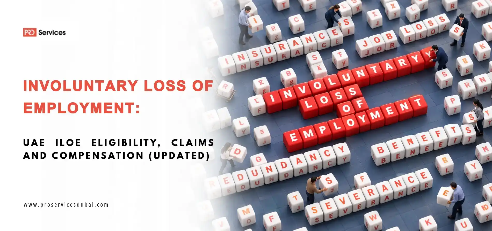 A 3D crossword featuring Involuntary Loss of Employment insurance terms with miniature figures interacting with dice on a surface.