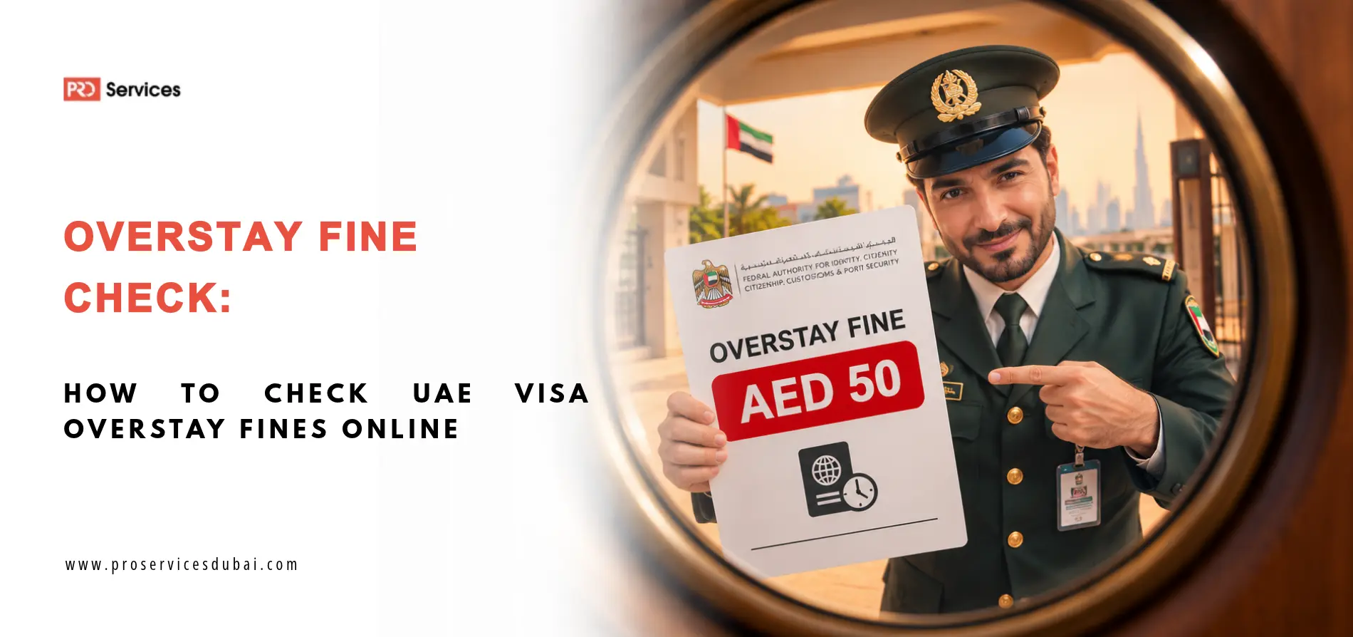 A UAE immigration officer pointing at a sign during an overstay fine check process.